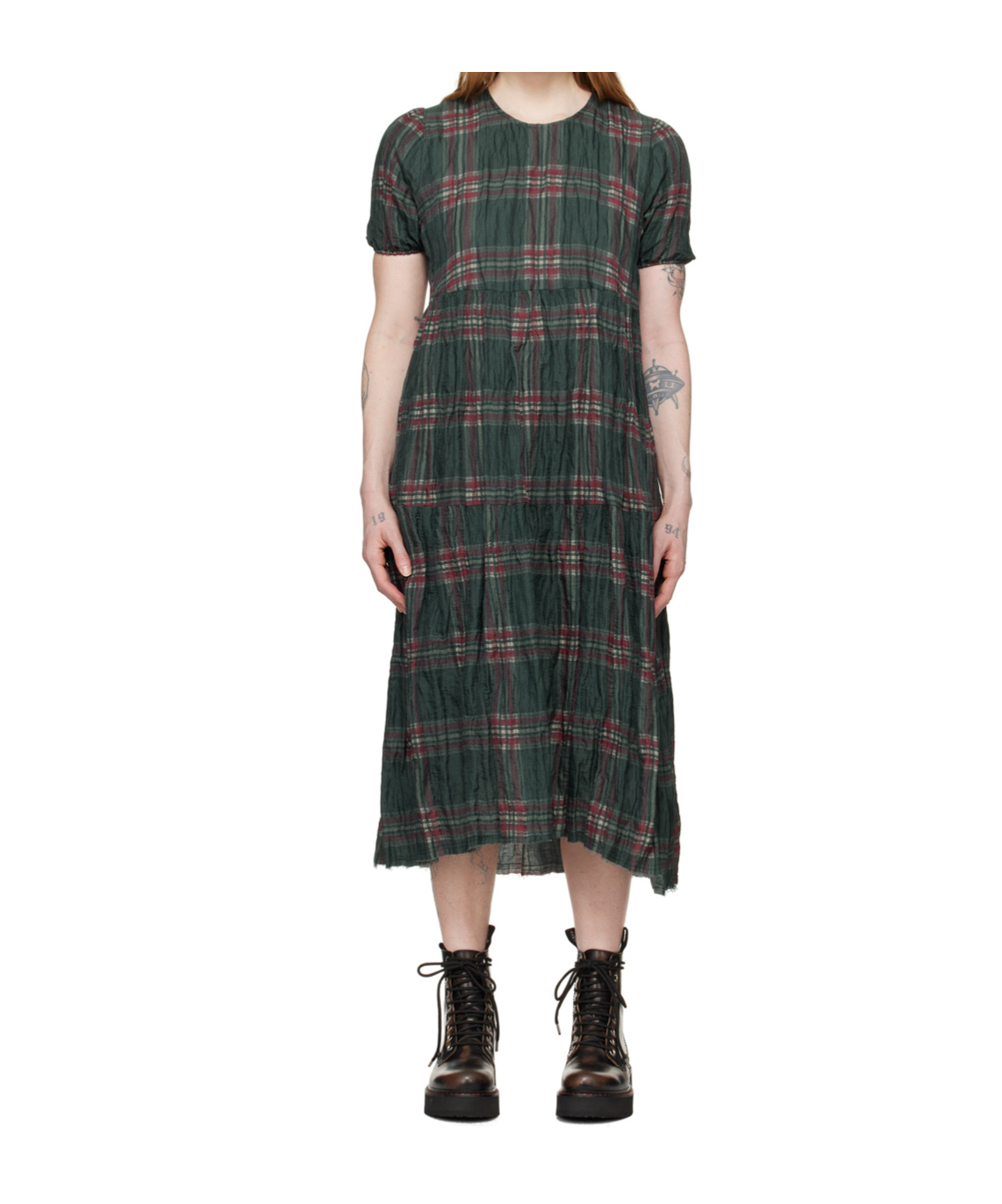 R13 Green Check Midi Dress In Gray