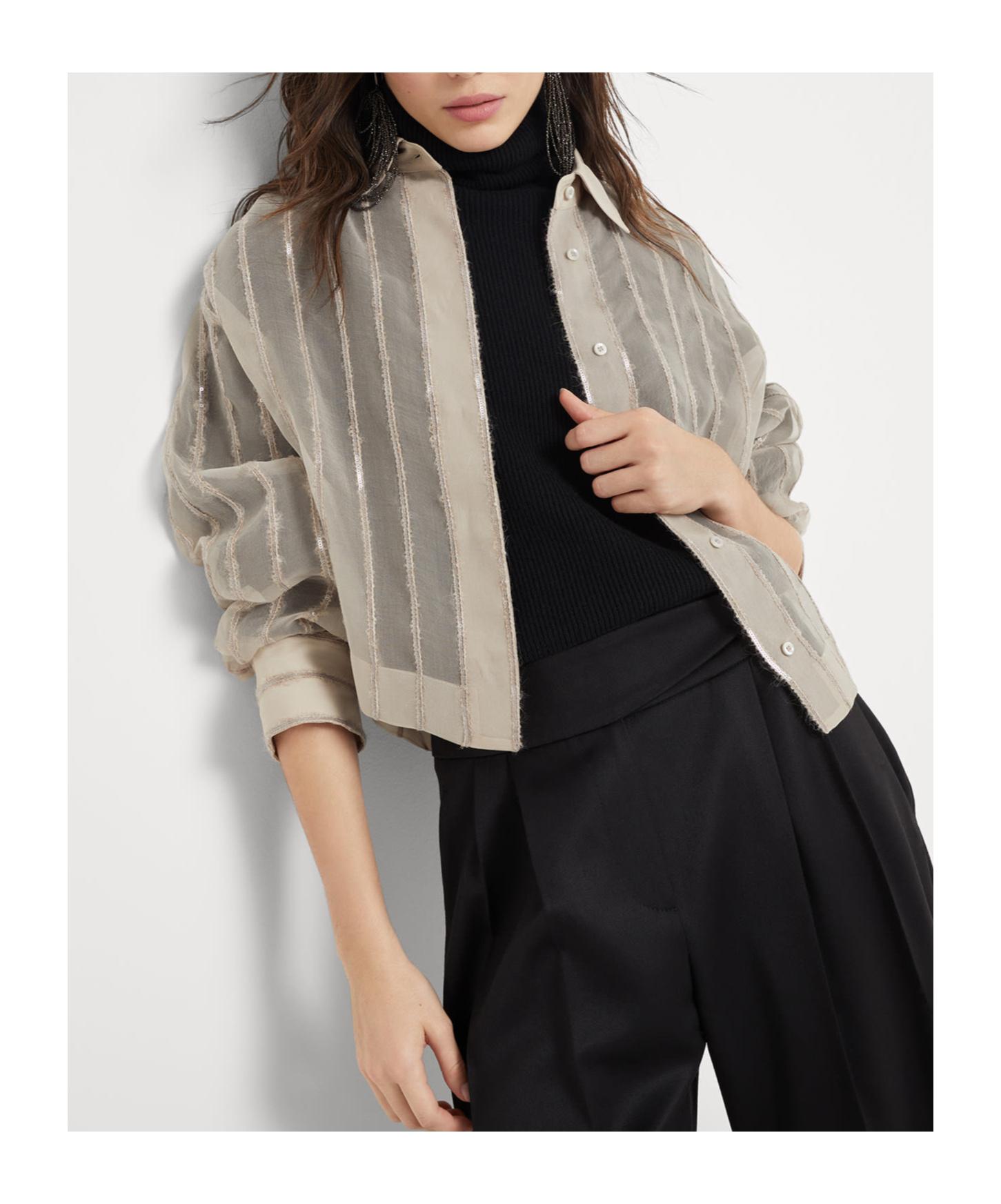 Brunello Cucinelli Striped Silk Shirt In Beige