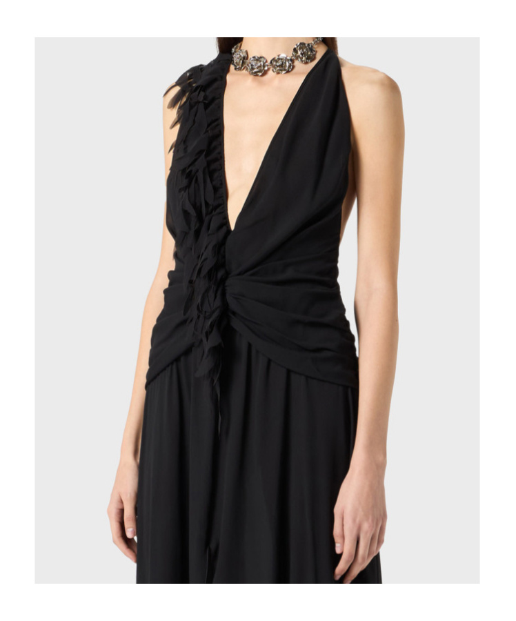 Blumarine Georgette Long Dress With Drapes In Black