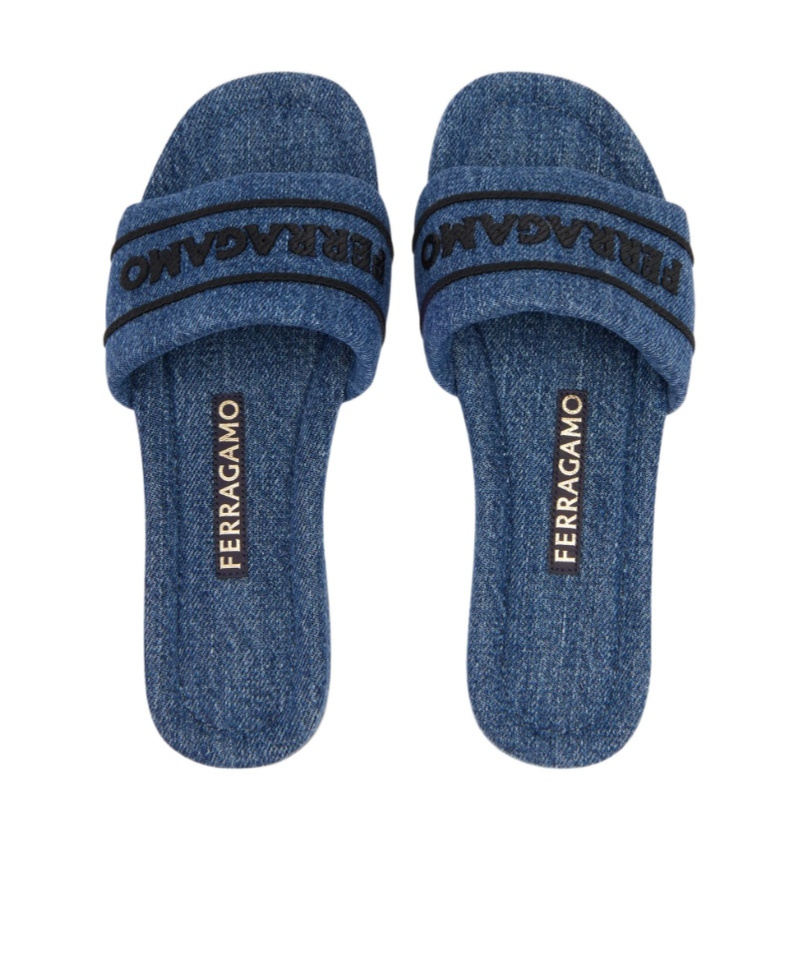 Ferragamo Slider Sandals Featuring A Denim Strap In Multi