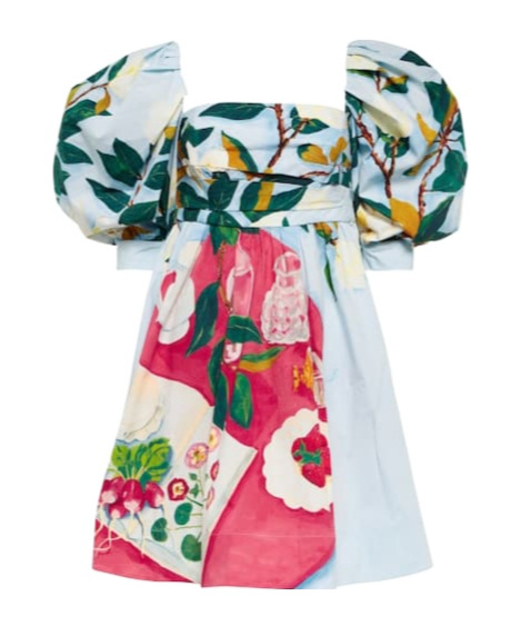 Oscar De La Renta Tablescape Puff-sleeve Cotton Poplin Minidress In Multi