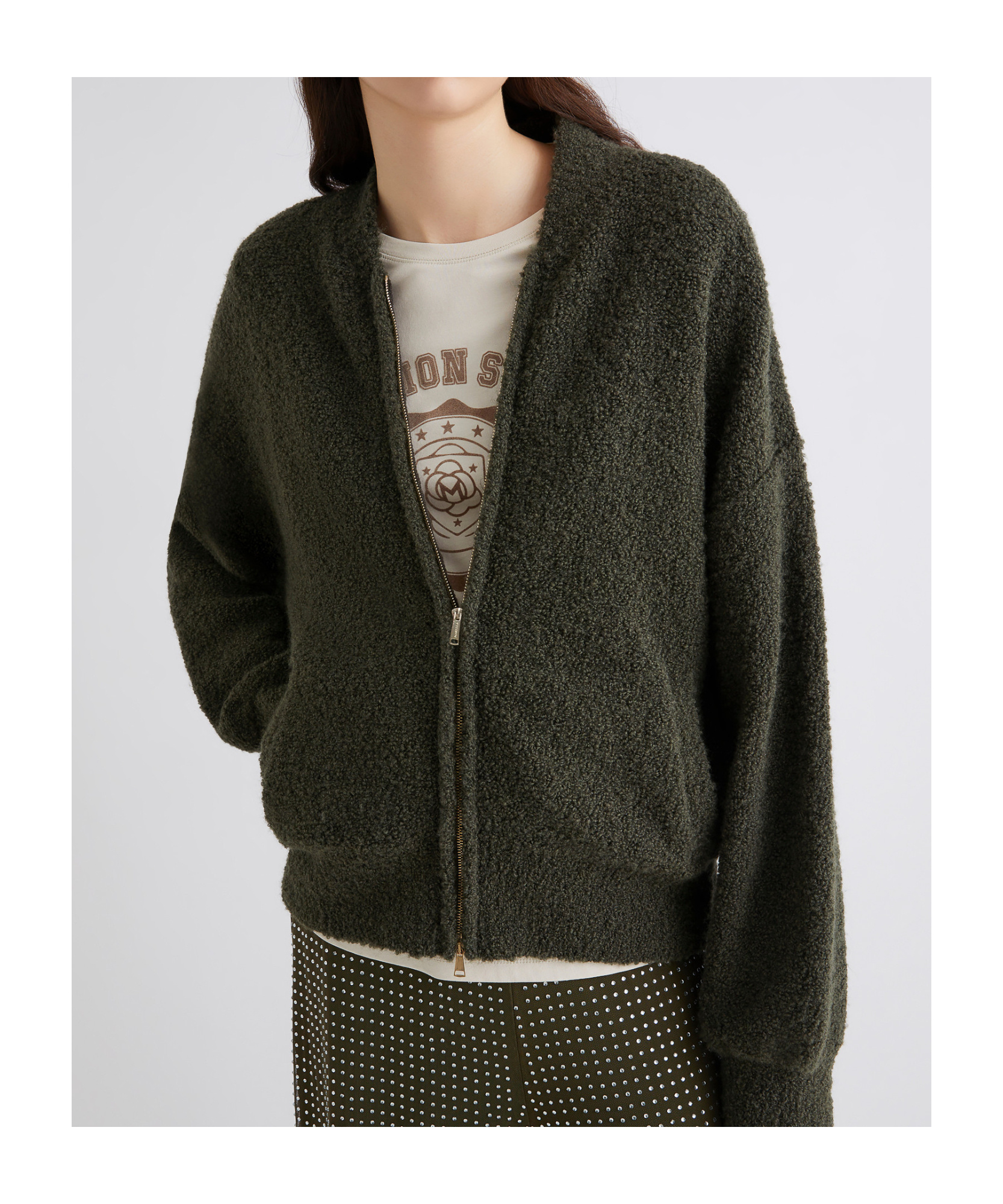 Marella Bouclé Bomber Jacket - Kaki In Green