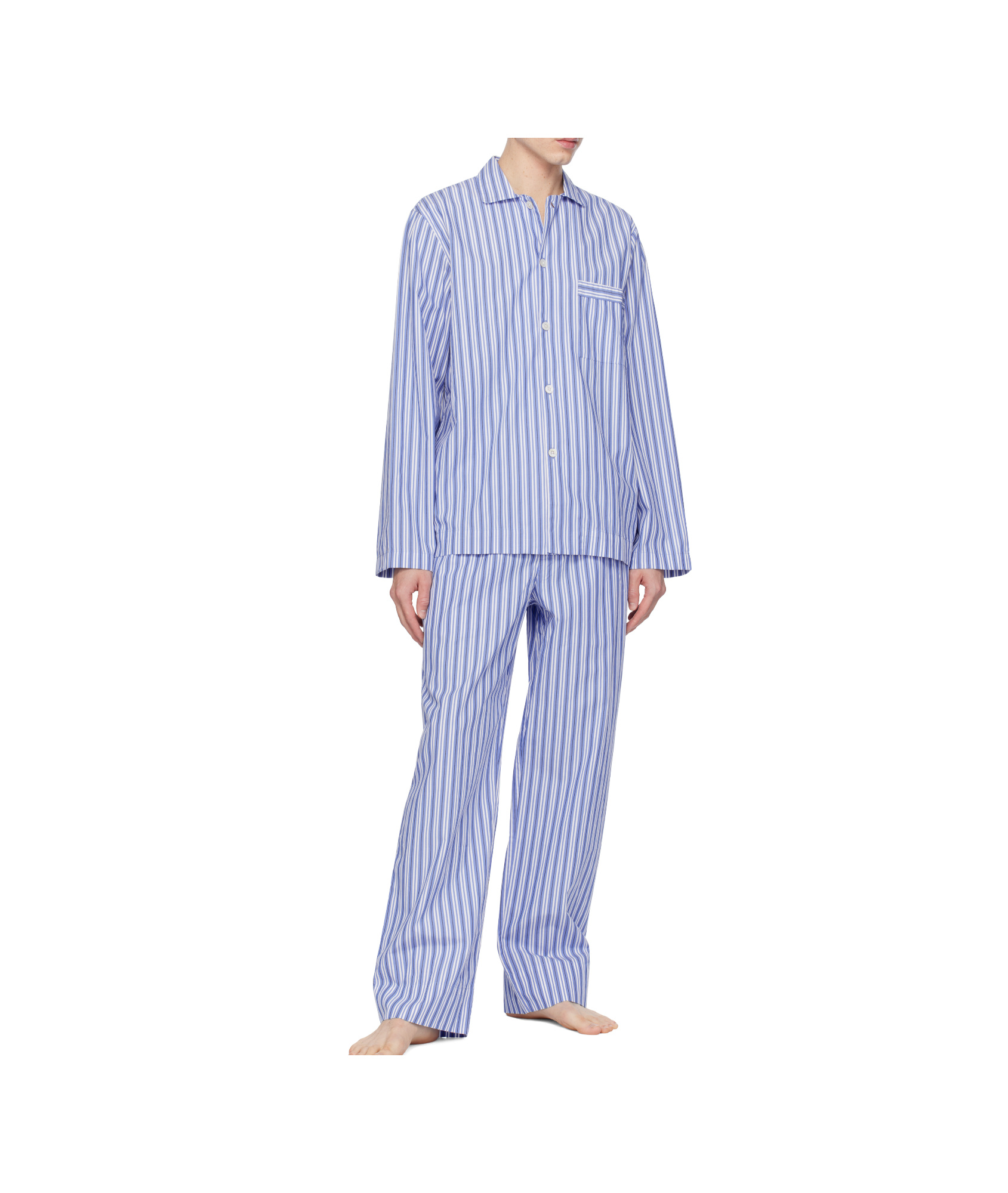 Tekla White & Blue Poplin Long-sleeved Pyjama Shirt In White/blue