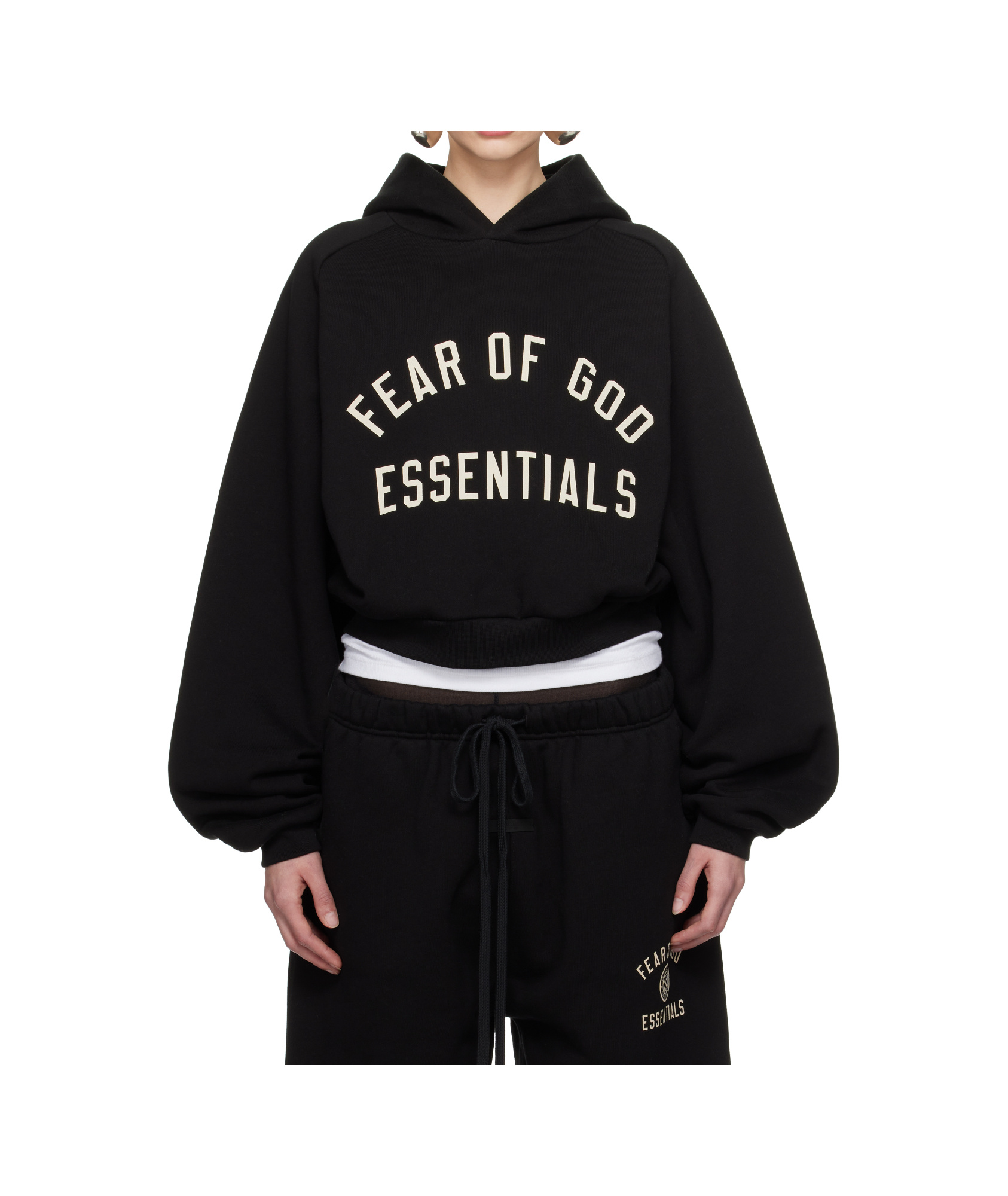 Essentials Womens Cropped Two-slip-pockets Cotton-blend Hoody Black Xs In Black