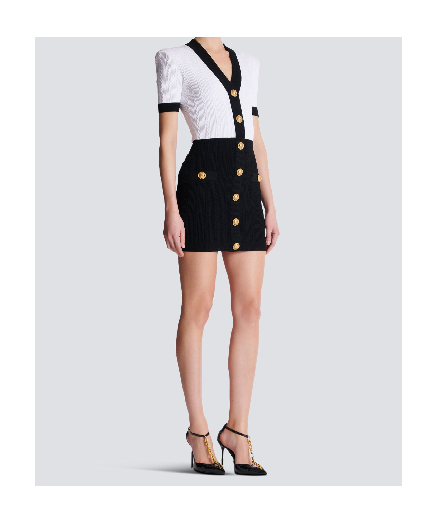 Balmain V-neck Buttoned Strong-shoulder Torsade Knit Mini Dress