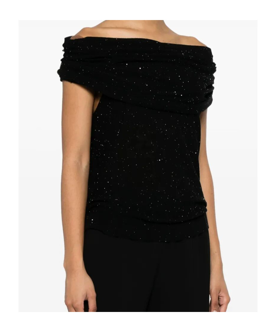Roberto Collina Wool Top With Micro Sequins And Draped Detail In Black