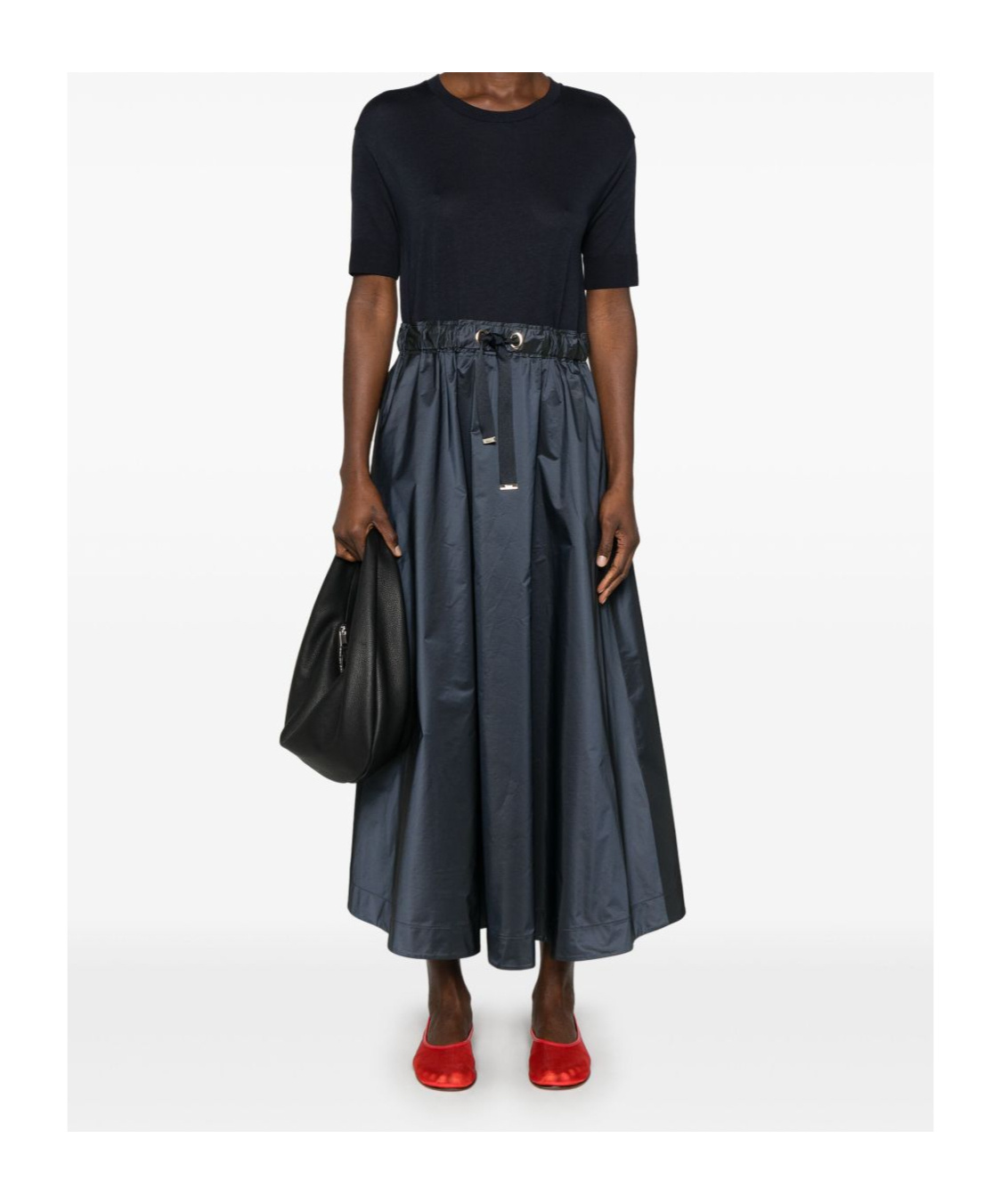 Herno Blue Crewneck Midi Dress With Elastic Drawstring Waist And Panelled Design