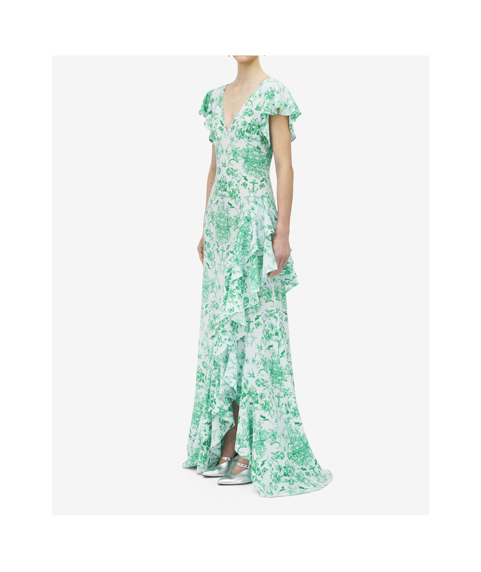Alexander Mcqueen Asymmetric Ruffled Printed Silk-satin Maxi Dress In Green