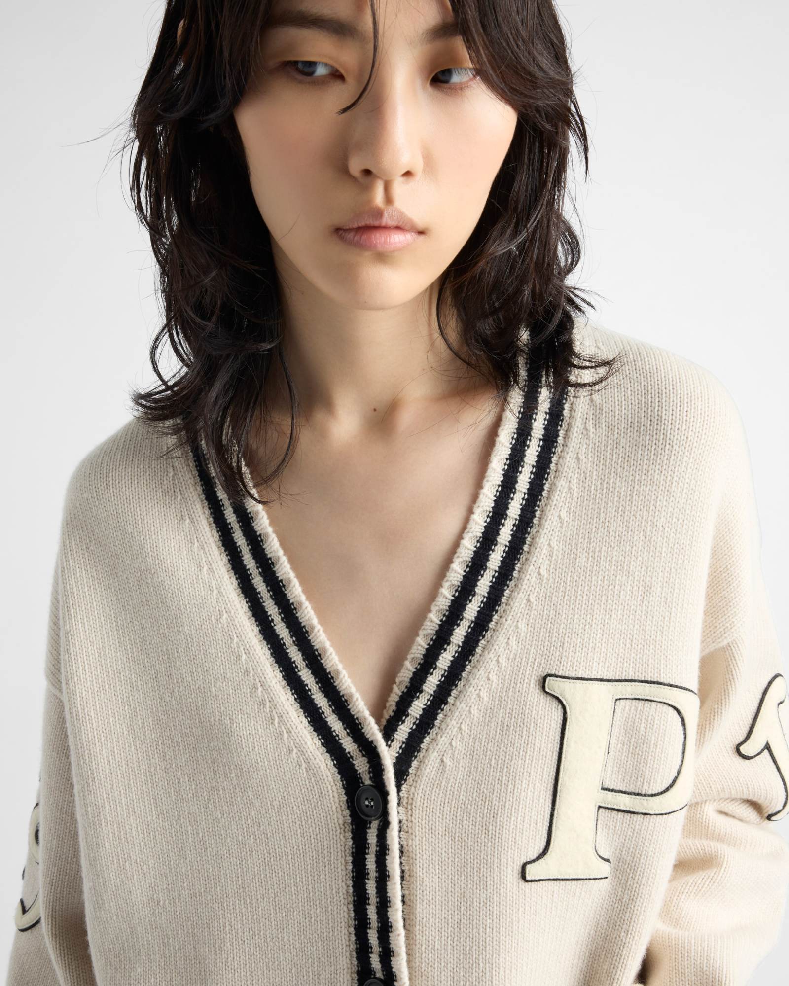 Prada Wool-cashmere Varsity Cardigan In Nude