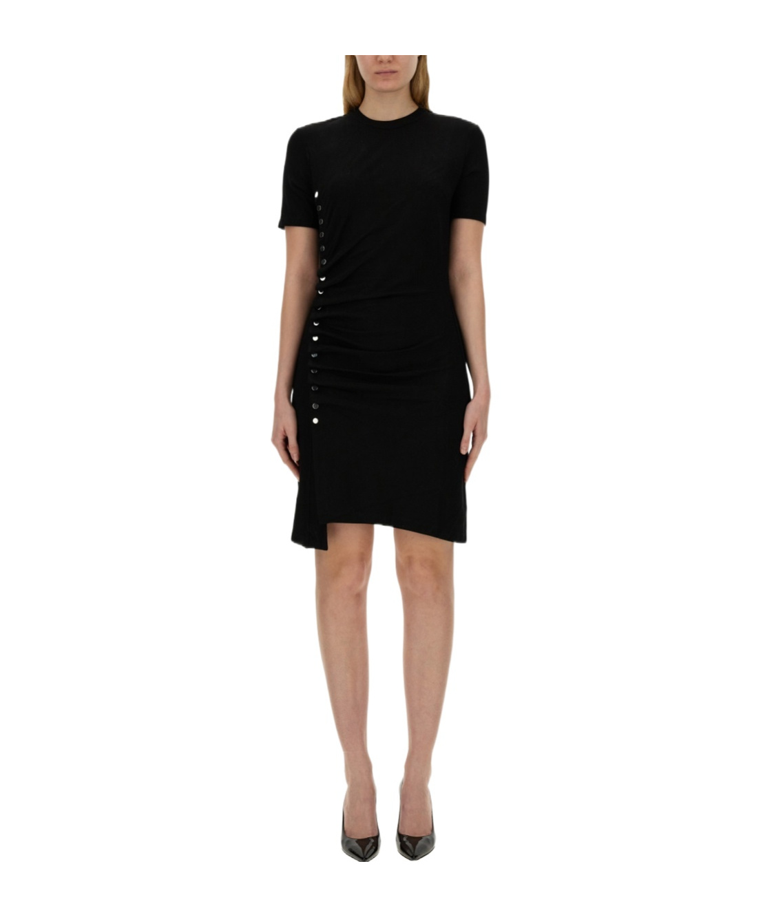 Rabanne Side Snap Ruched Asymmetric Minidress In Black