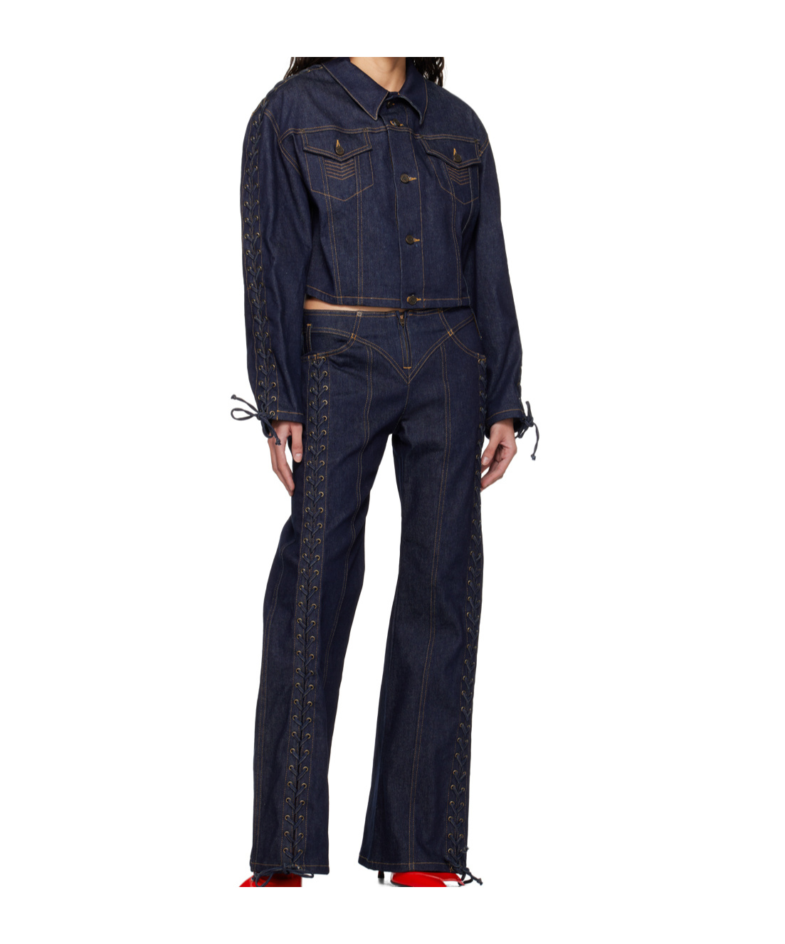 Jean Paul Gaultier Oversized Lace-up Topstitched Denim Jacket In Blue