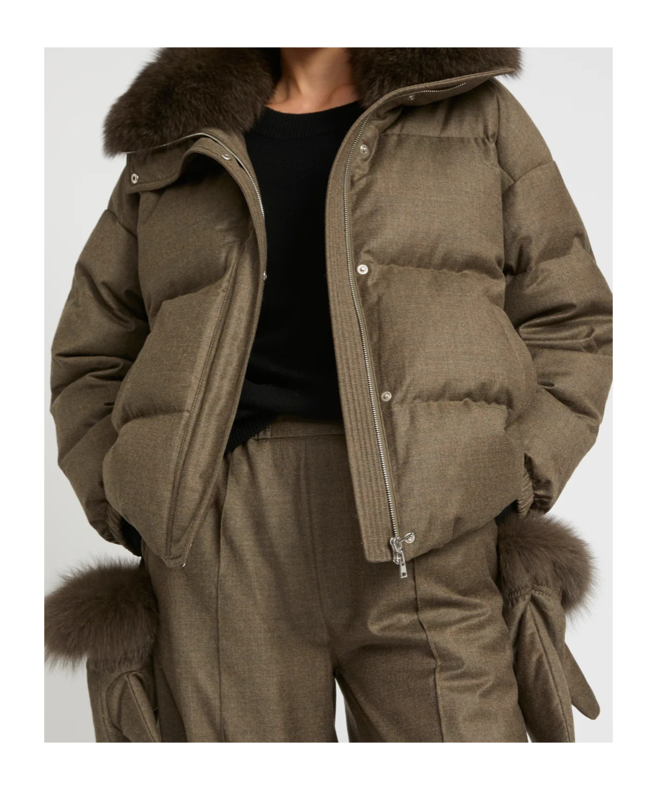 Yves Salomon Short Down Jacket With Detachable Fox Fur Collar And Mittens In Brown