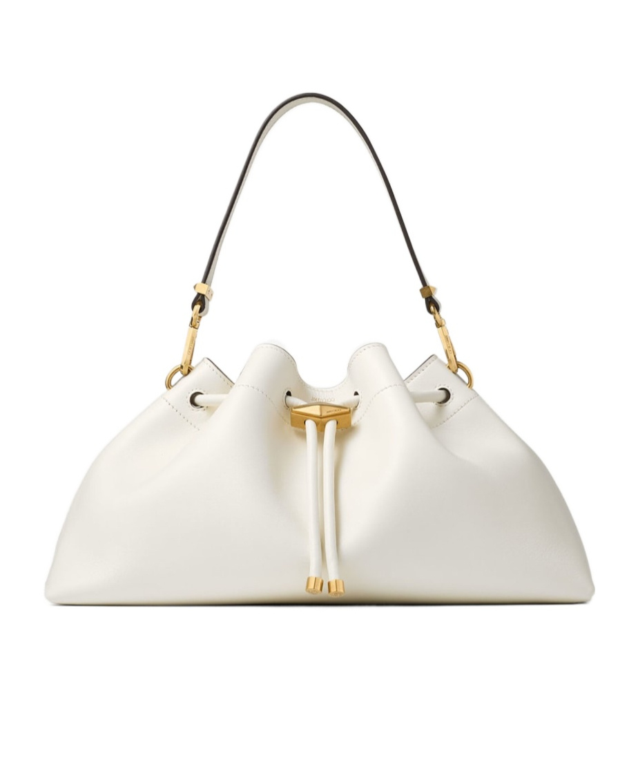 Jimmy Choo Medium Cinch Leather Shoulder Bag In Latte/gold