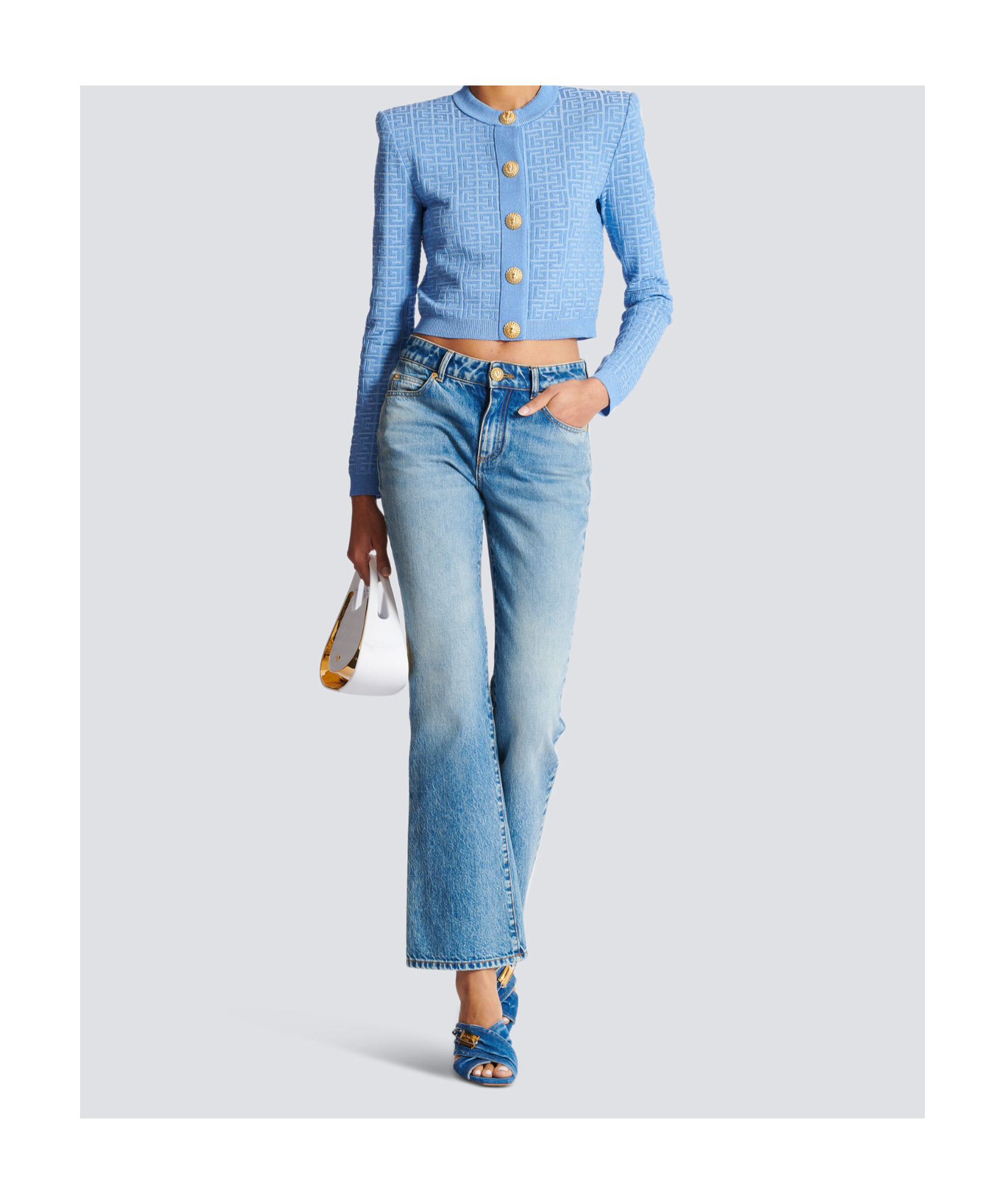 Balmain Pb Labyrinth Knitted Cropped Cardigan In Blue