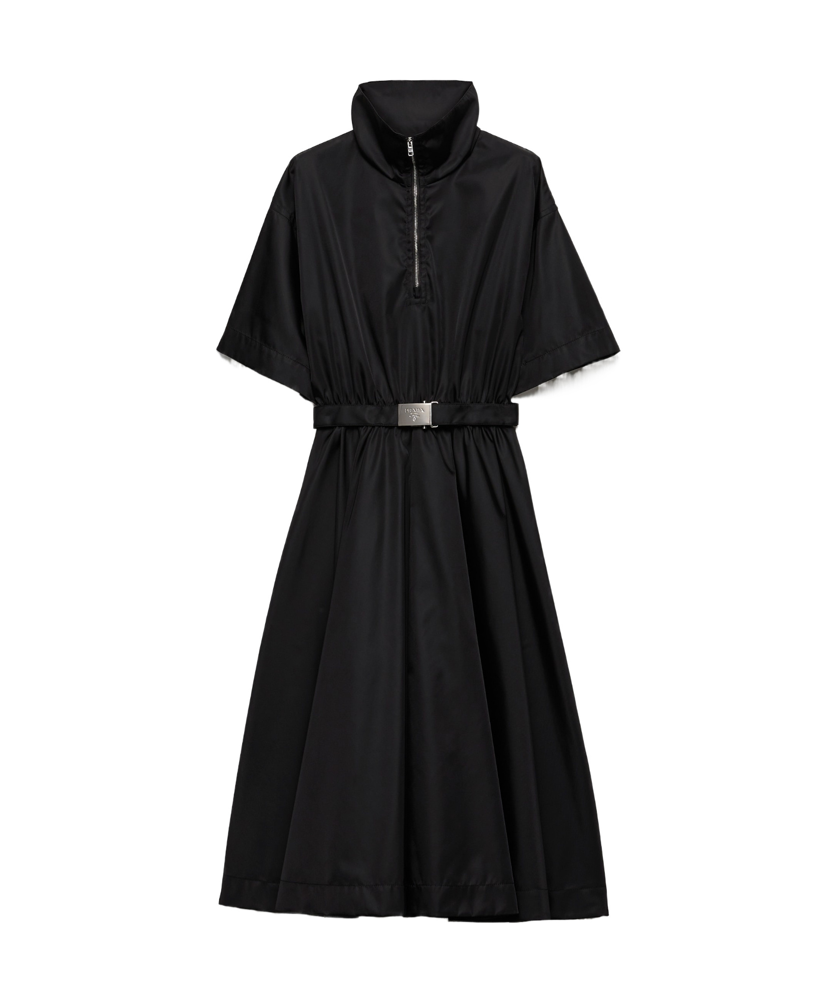 Prada Nylon Dress With Belted Waist And Flared Skirt In Black