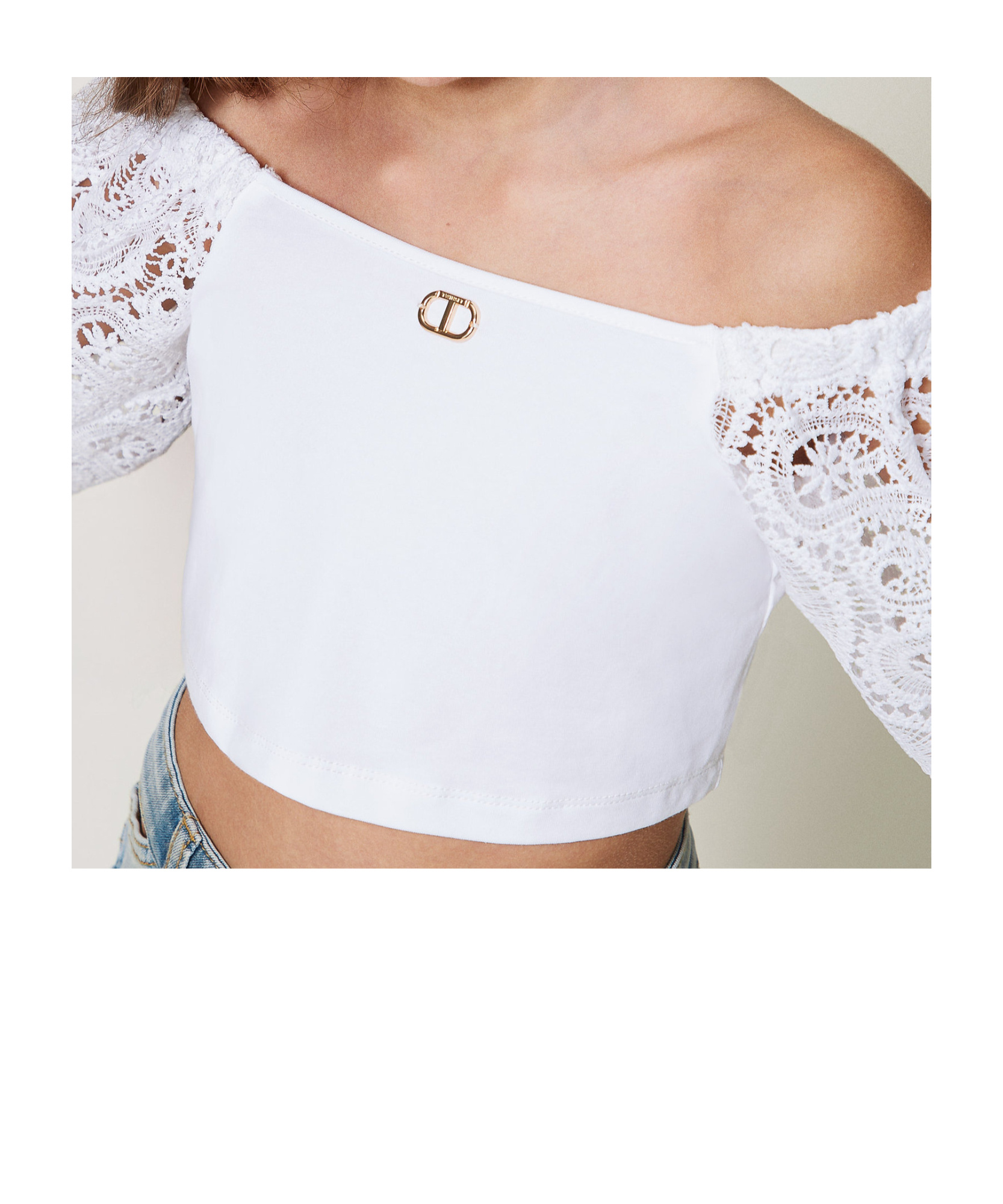 Twinset Top With Macramé Lace Balloon Sleeves In White