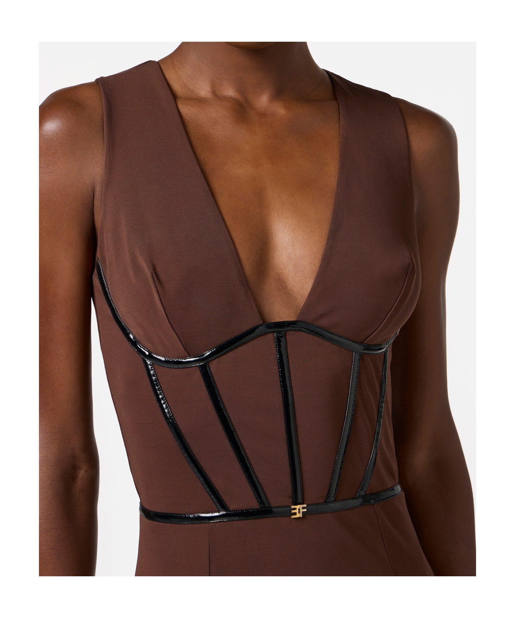Elisabetta Franchi V-neck Asymmetric Midi Dress In Brown