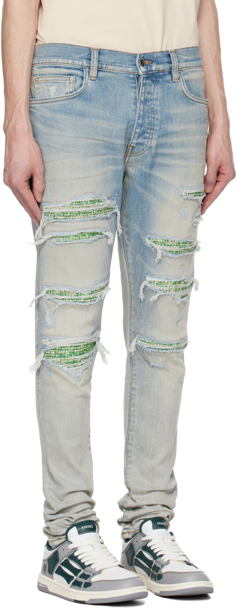 Amiri Distressed Stretch Denim Jeans With Faded Effect In Gray