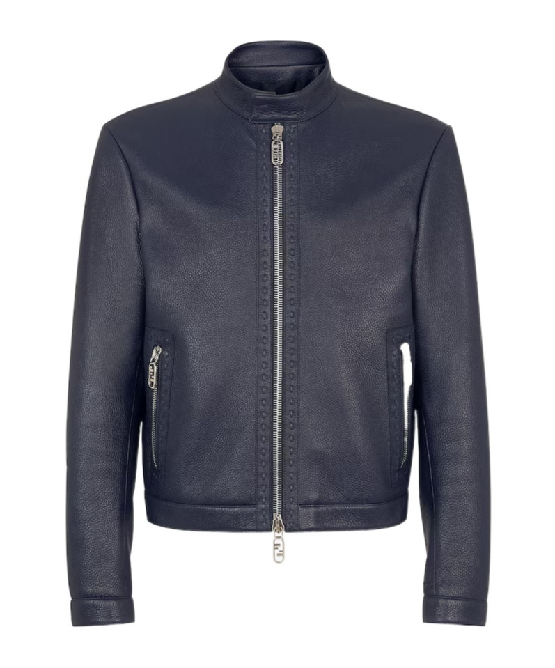 Fendi Logo Zipper Leather Jacket In Black