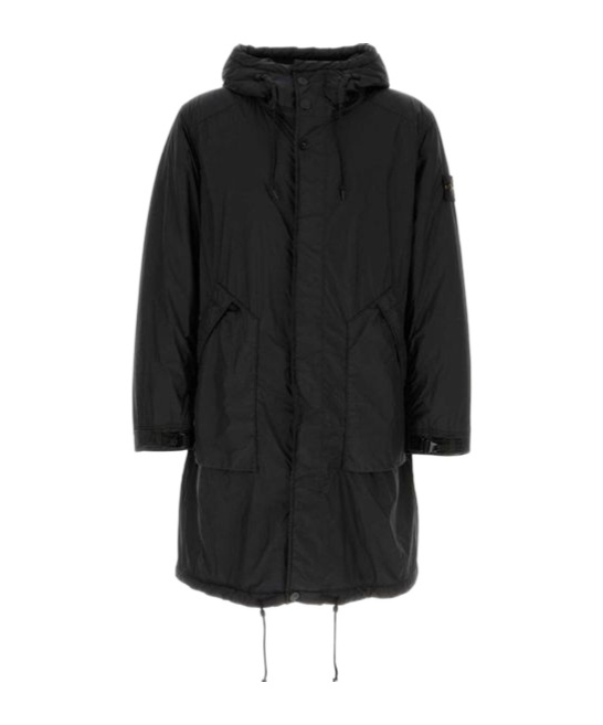 Stone Island Hooded Drawstring Hem Padded Parka In Black