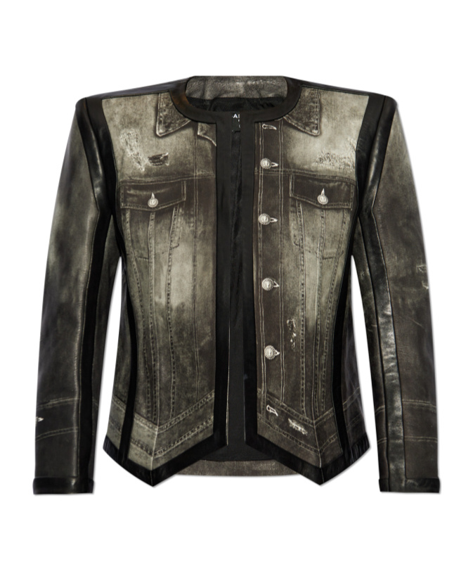 Balmain Denim-print Leather Jacket In Black