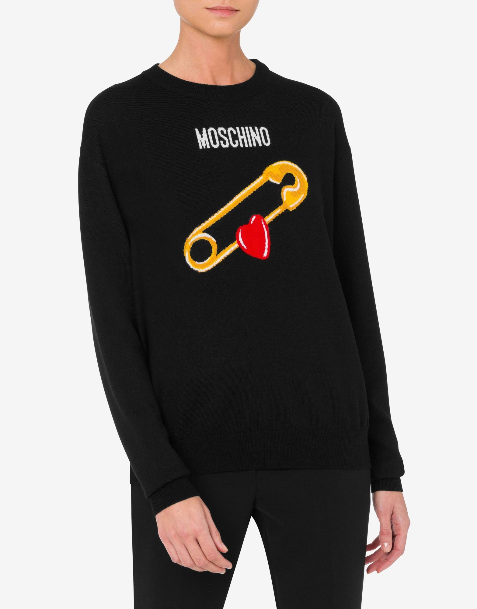 Moschino Black Intarsia Heart Safety Pin Sweater In Black