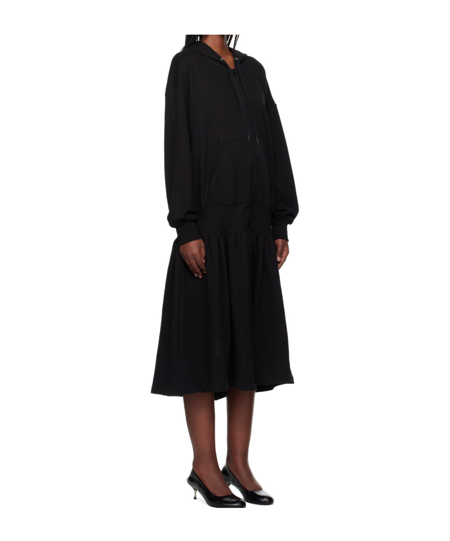 Open Yy Jersey Pleated Hooded Midi Dress In Black