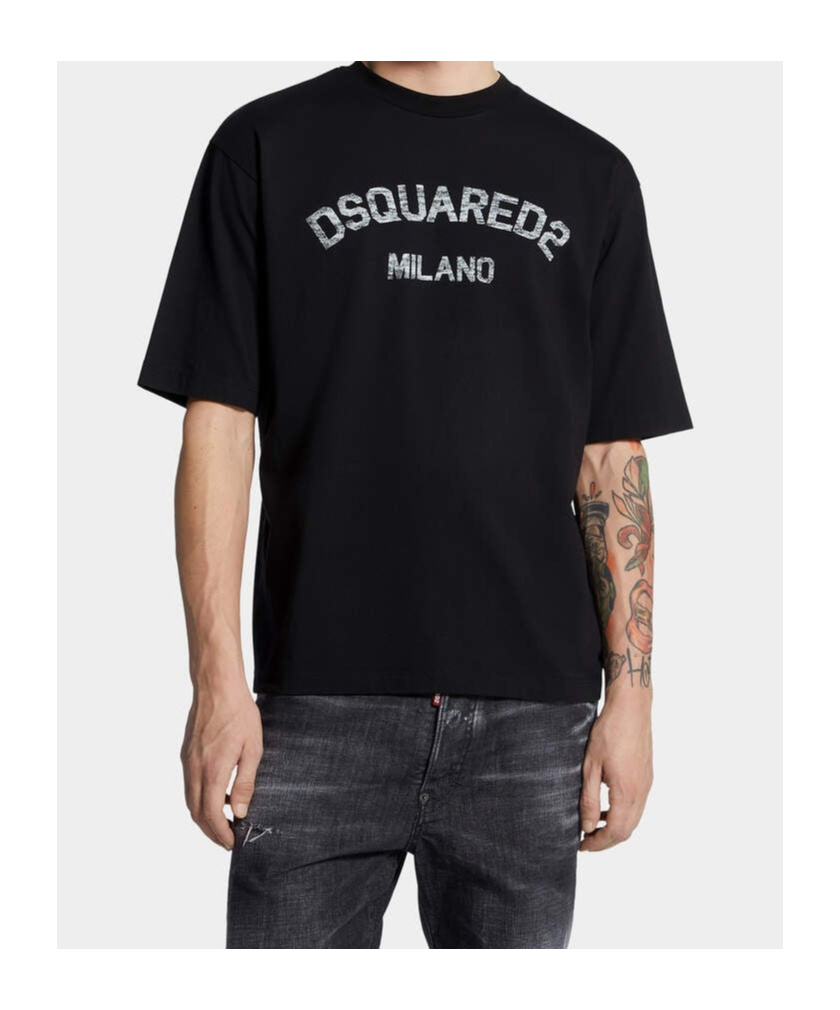 Dsquared2 Loose Fit Black Cotton T-shirt With Vintage Logo In Black