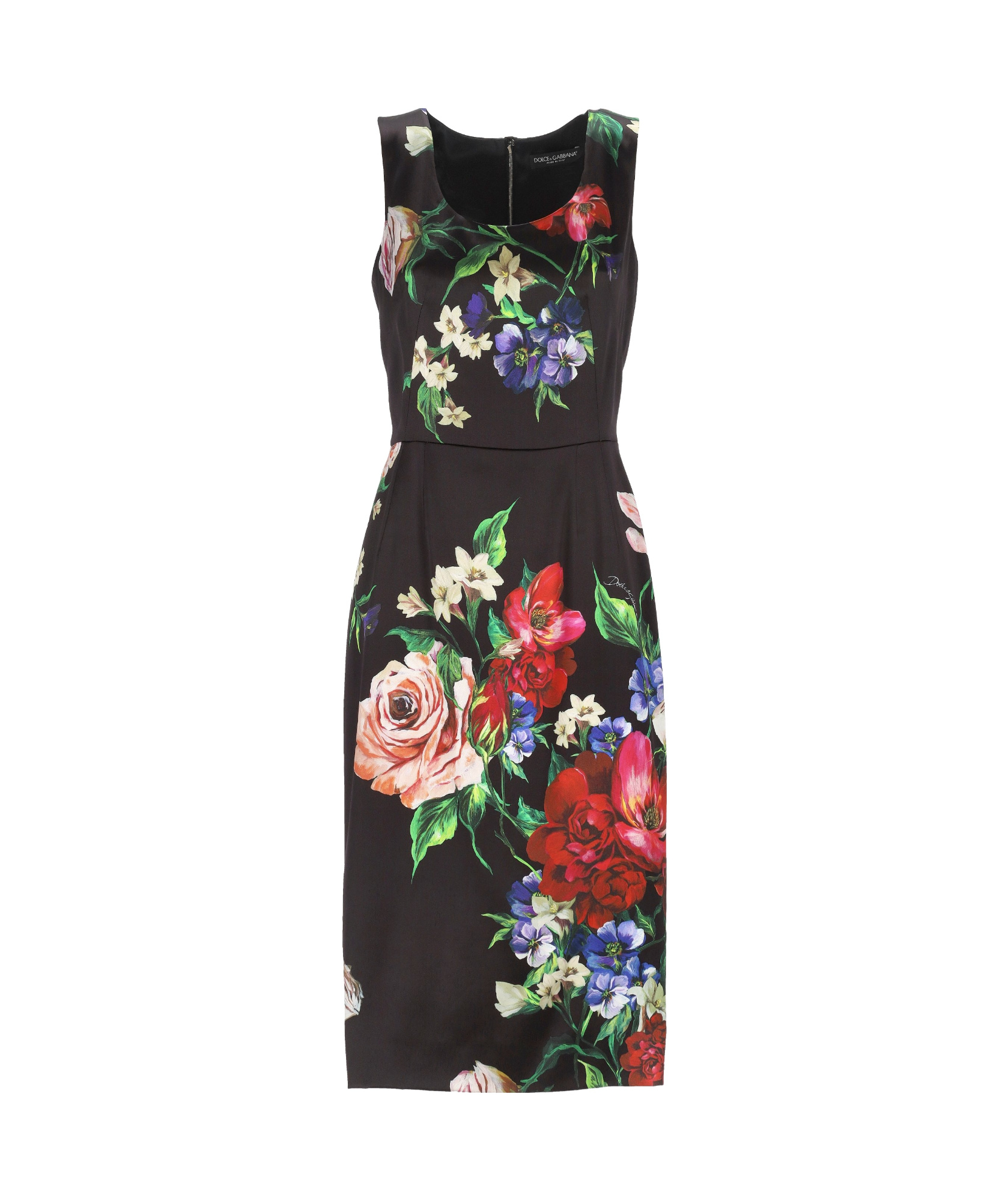 Dolce & Gabbana Floral Print Stretch Satin Dress In Black