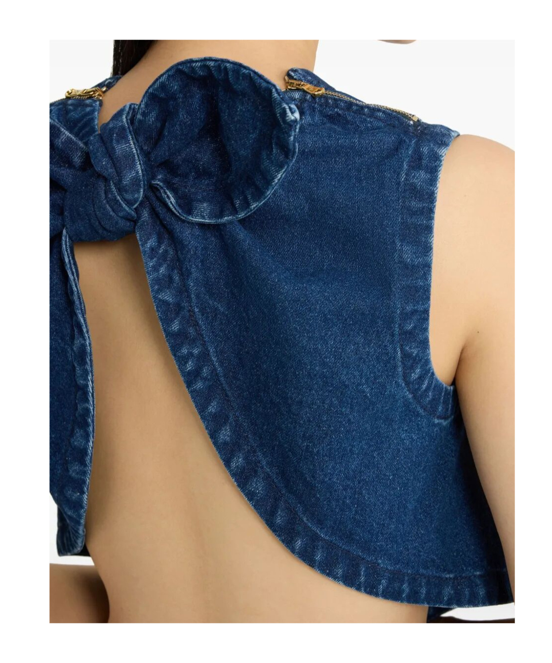 Patou Bow Detail Cropped Denim Top With Open Back In Dark Blue