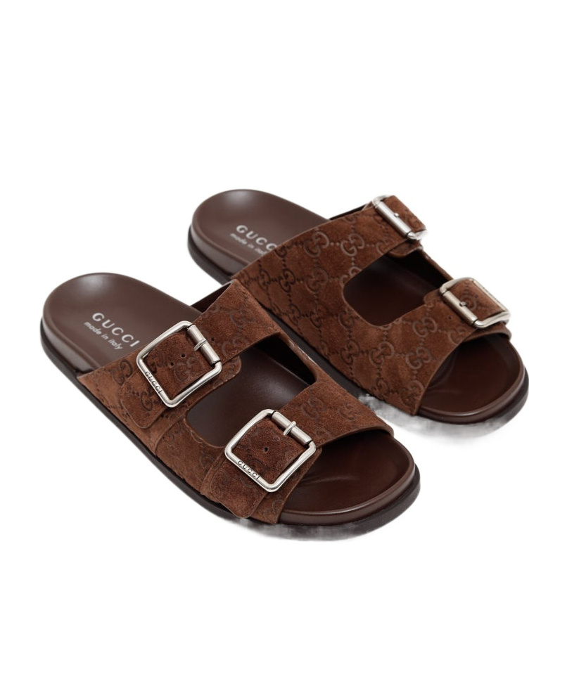 Gucci Men Logo Embossed Leather Slides In Brown