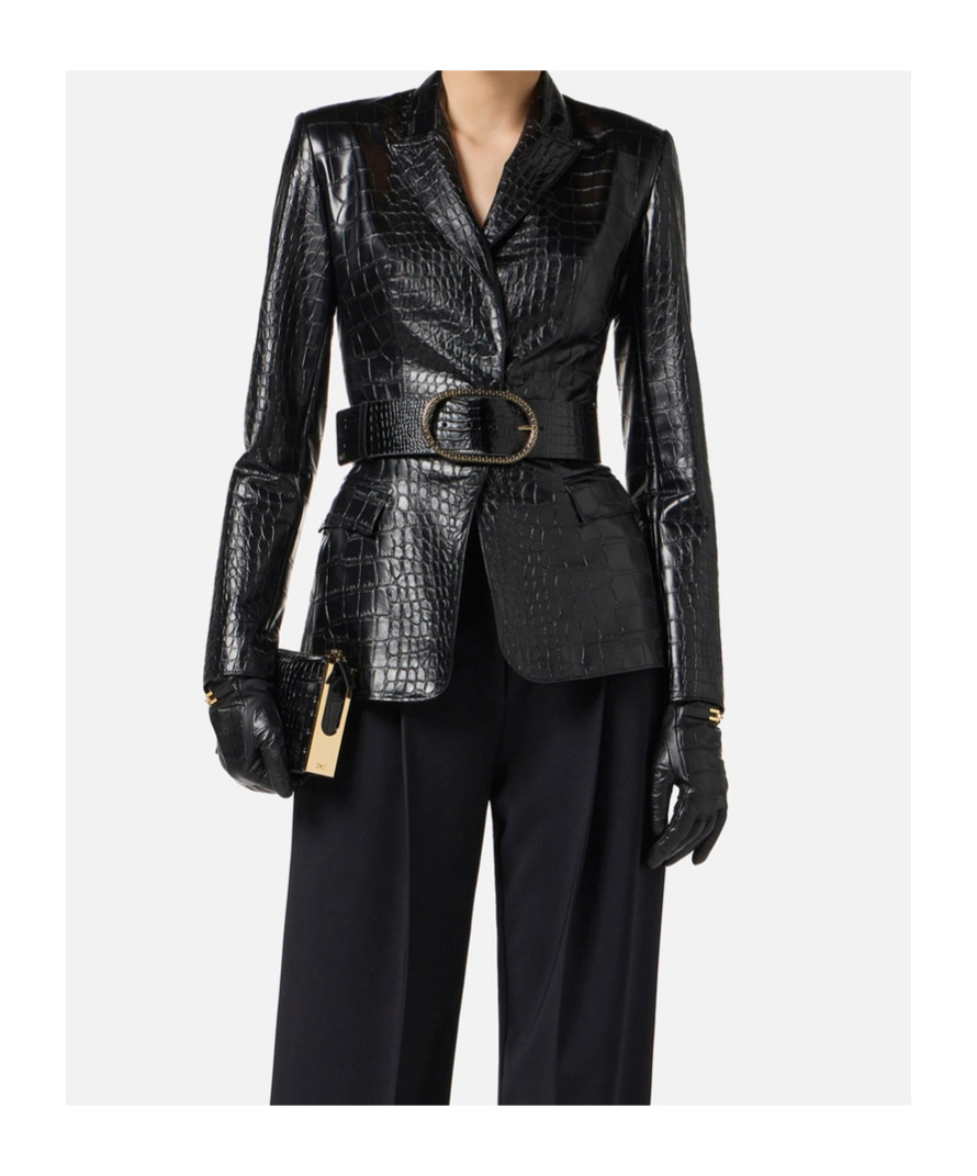Elisabetta Franchi Crocodile Effect Blazer Flap Pockets In Black