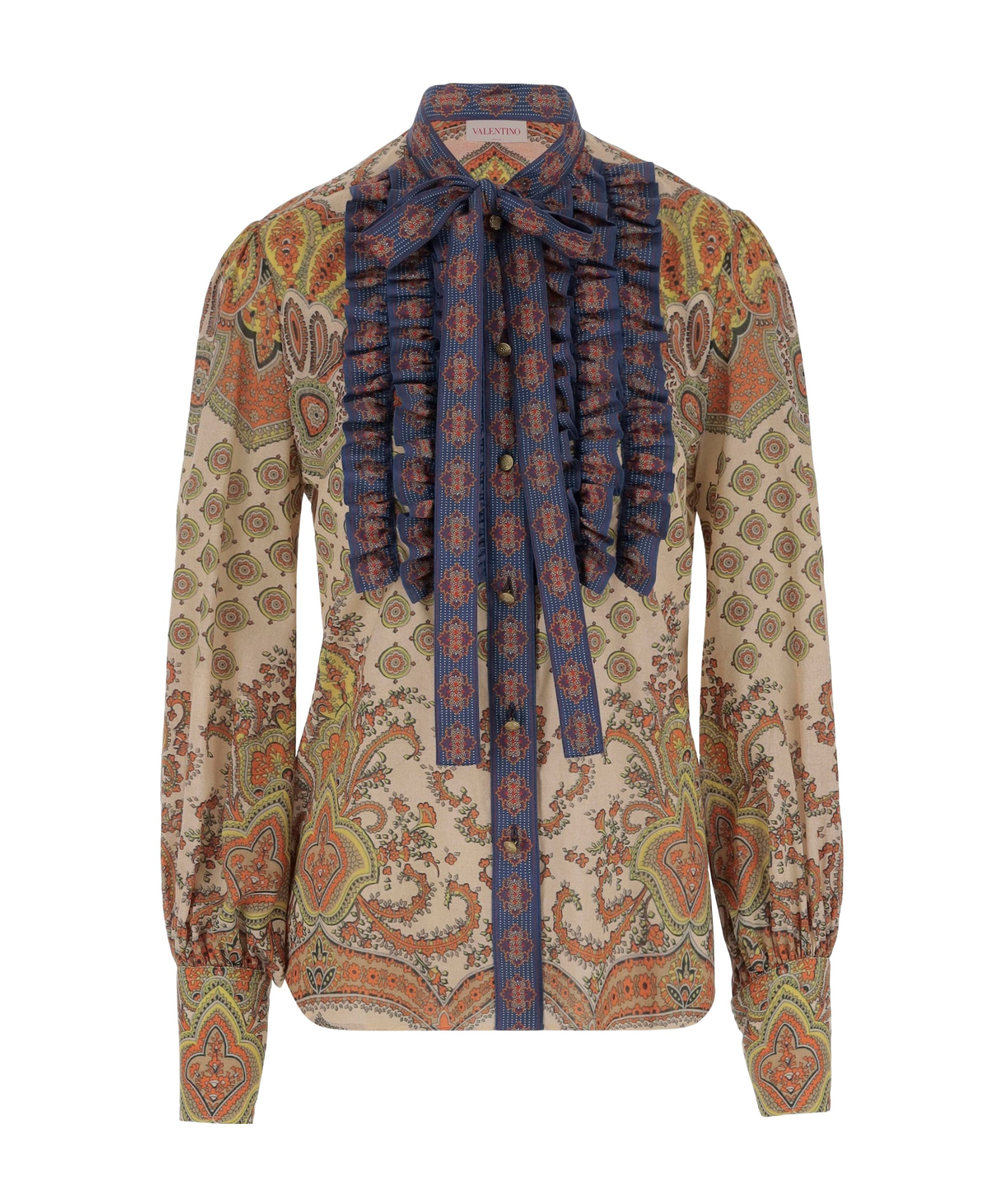 Valentino Cotton Muslin Shirt With Patchwork Pattern In Brown