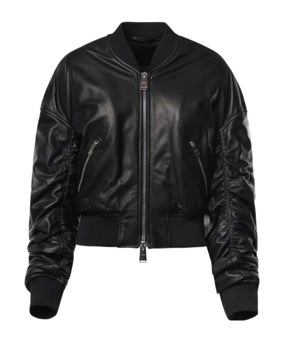 Dondup Ruched Leather Bomber Jacket In Black