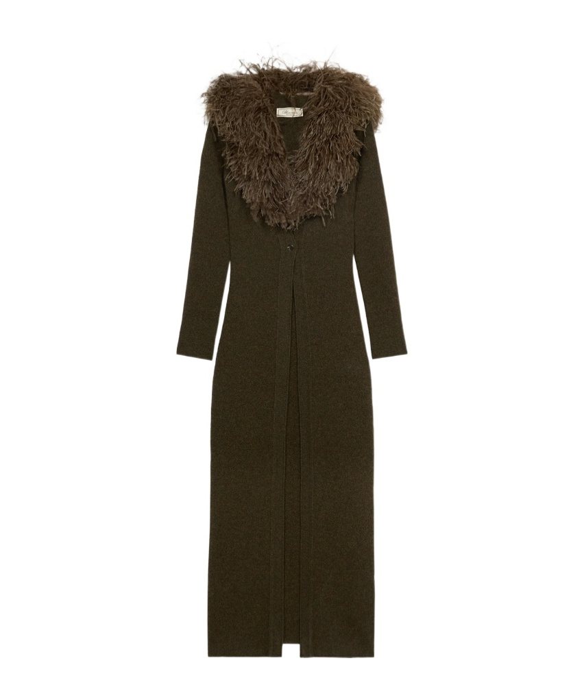Blumarine Green Long Dress With Removable Feather Collar In Wool Woman In Green