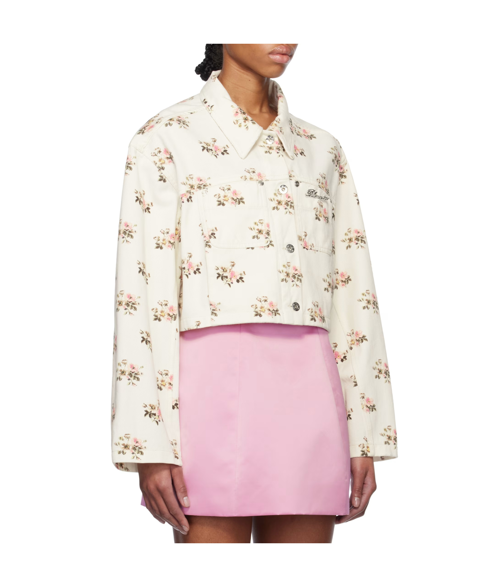 Blumarine Floral Print Rhinestone Pin Denim Jacket In Multi