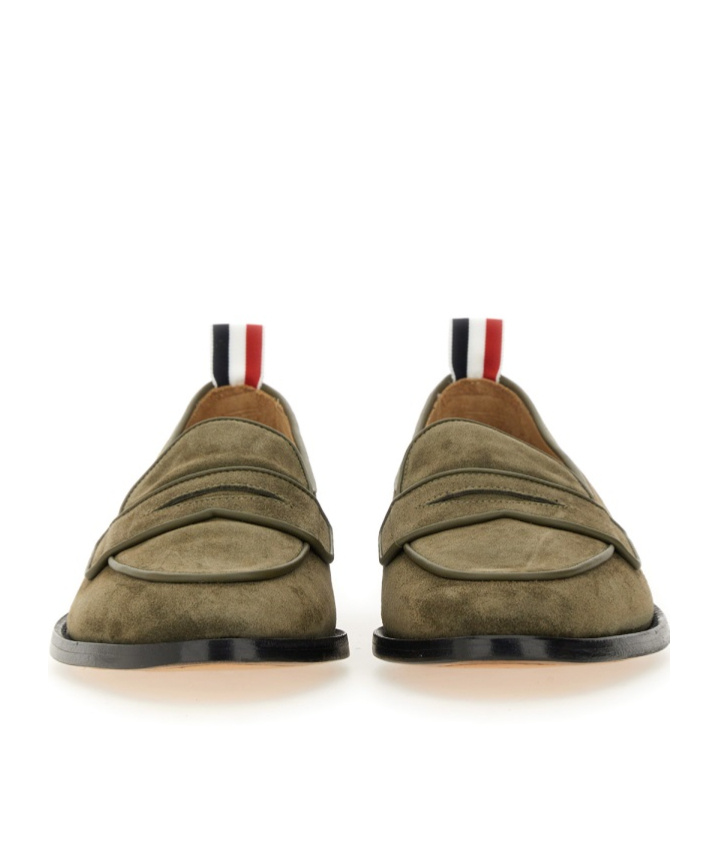 Thom Browne Suede Loafers With Rounded Toe And Tricolor Detail In Green