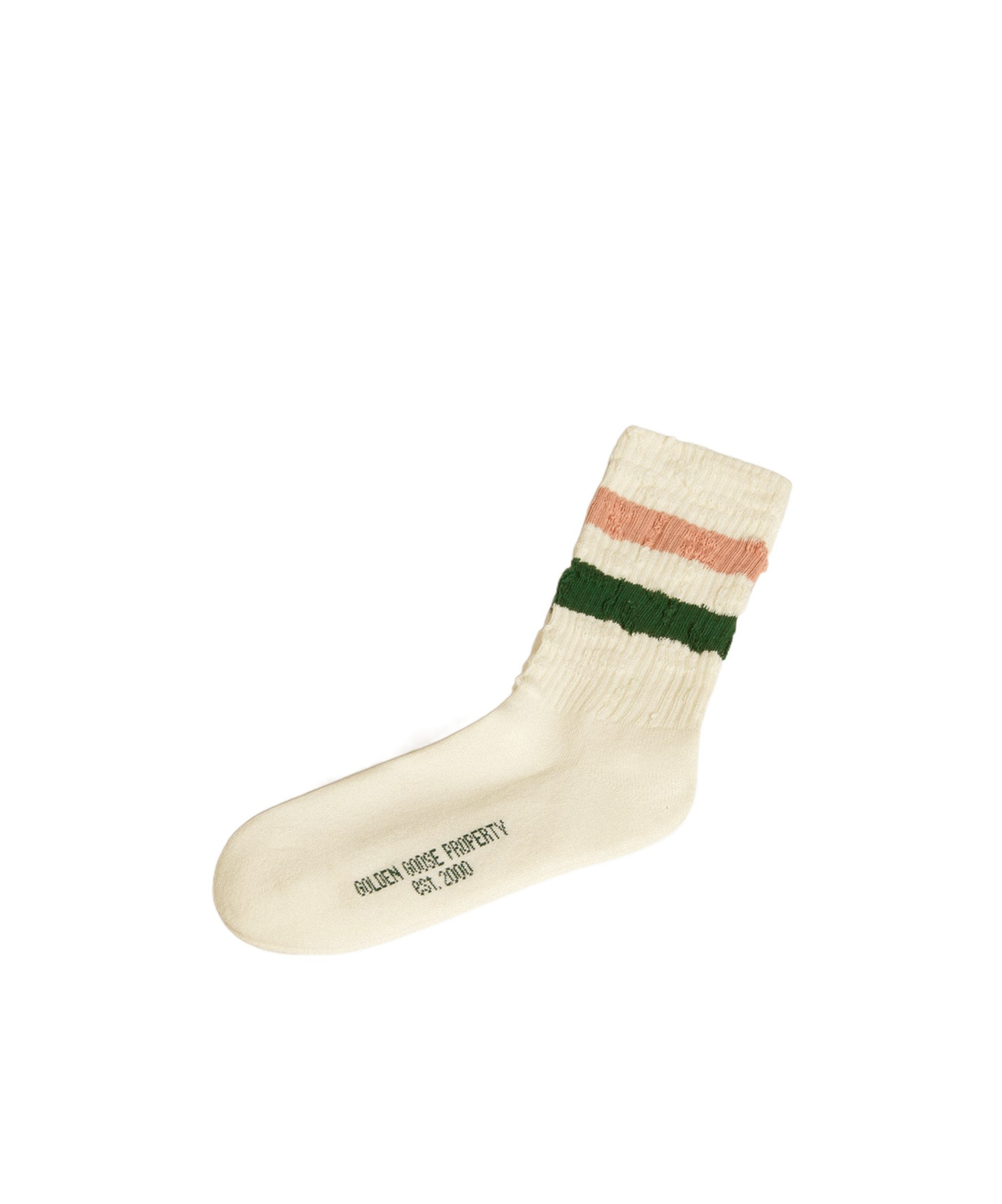 GOLDEN GOOSE WORN-WHITE SOCKS WITH DISTRESSED DETAILS AND PINK AND GREEN STRIPES