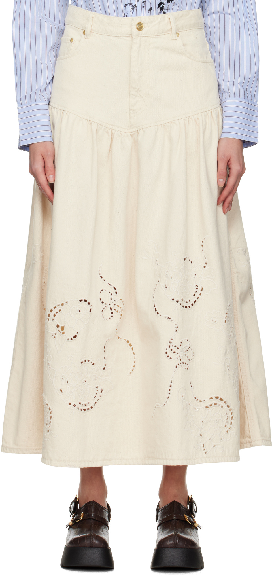 Ganni Embroidered Denim Skirt In Neutral