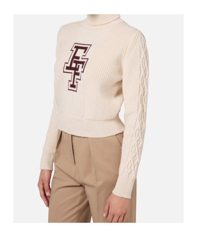 Elisabetta Franchi Chic Beige Long Neck Sweater With Burgundy Logo For Women In Nude