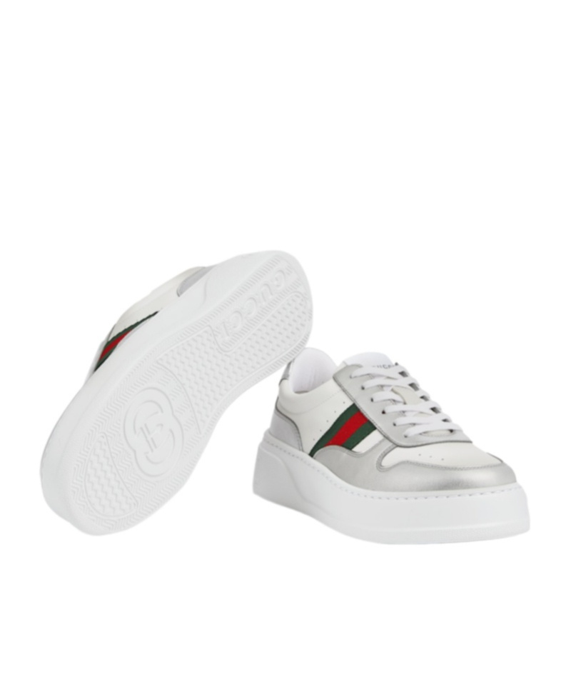 Gucci Stripe-detail Leather Sneakers In Silver