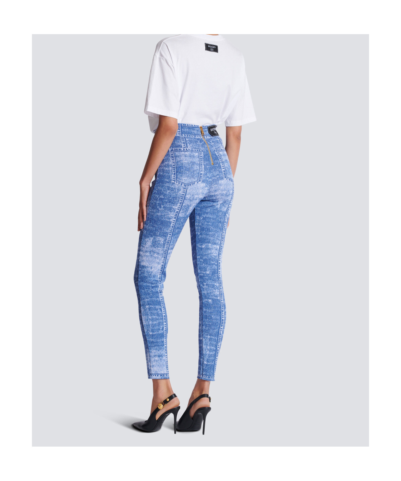 Shop Balmain Jacquard Knit Leggings With Denim Effect In Blue