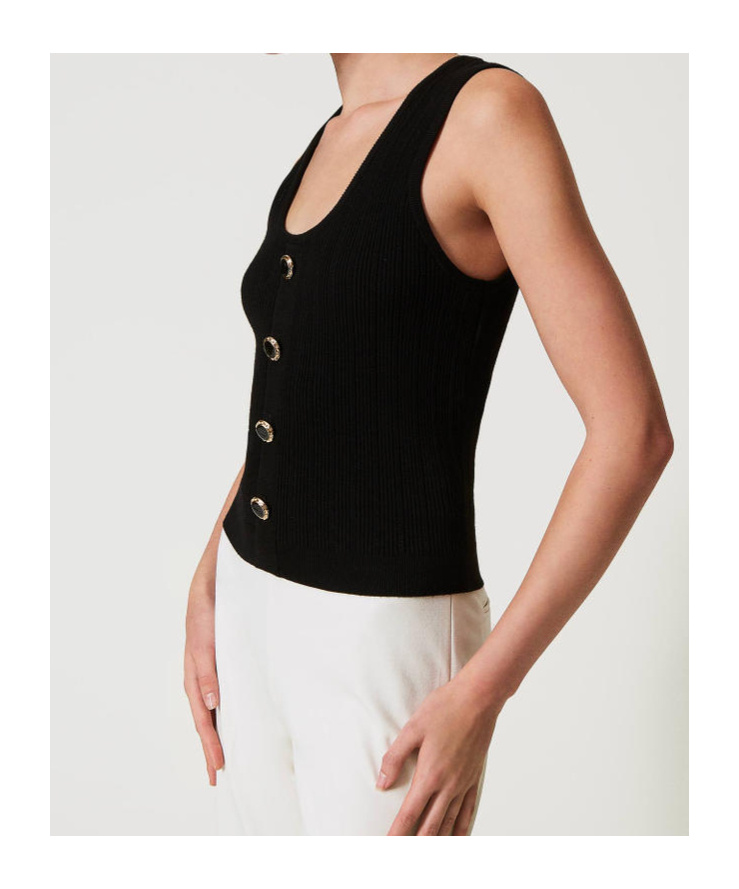 Twinset Top In Maglia Con Bottone Decoro Top-wear In Black