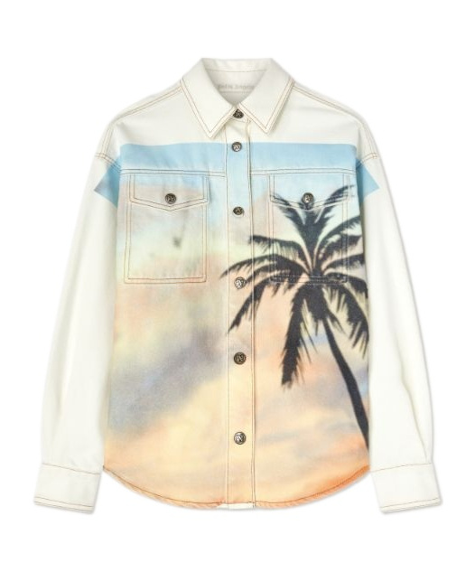 Palm Angels Sunrise Palm Denim Overshirt Off White - In Beige