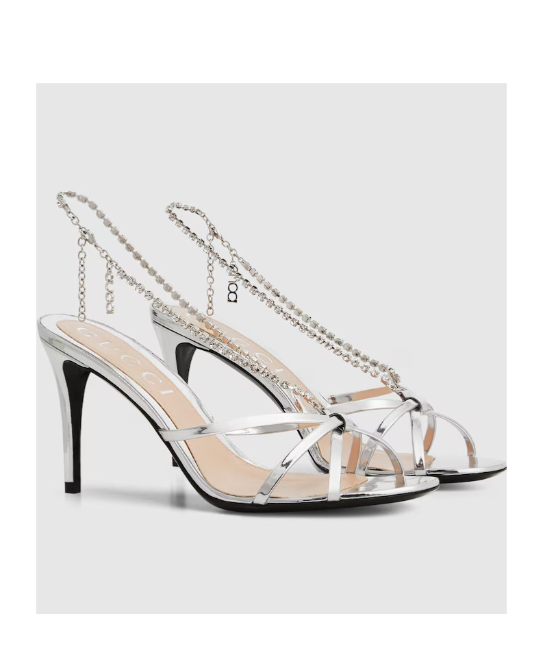 Gucci Crystal Chain High-heeled Sandals In White