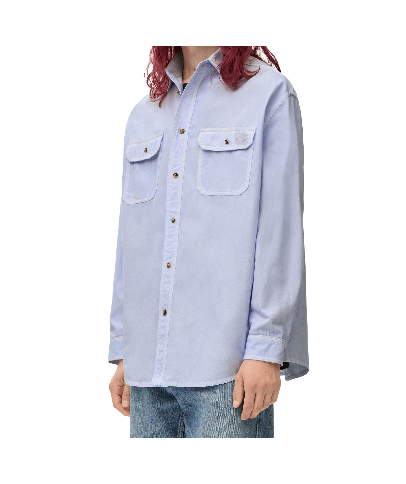 Loewe Cotton Shirt With Classic Collar And Embroidered Logo In Blue