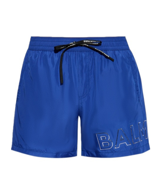 Shop Balmain Logo-print Swim Shorts In Blue
