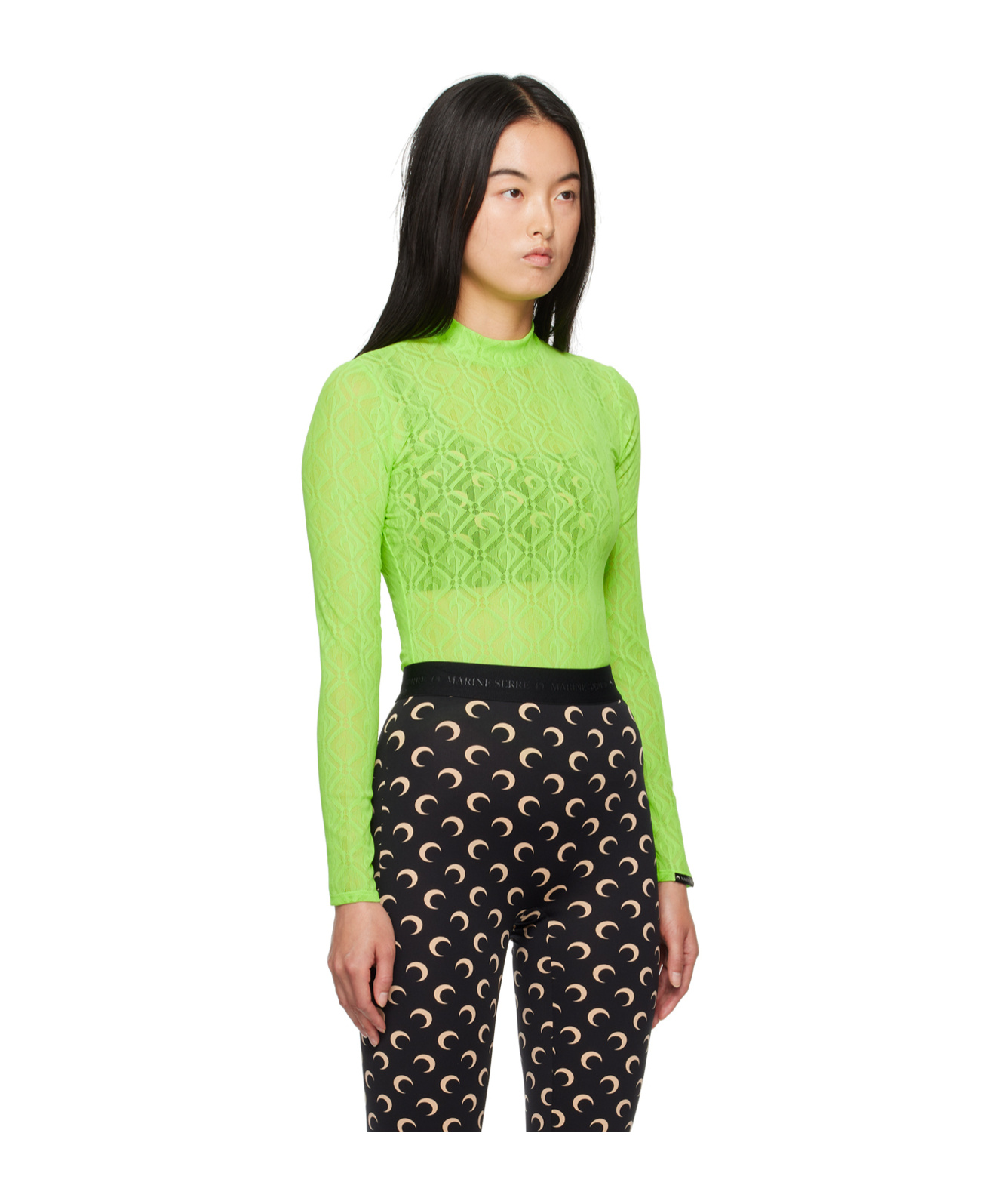 Marine Serre Green Moon Diamond Second Skin Long Sleeve T-shirt In Green