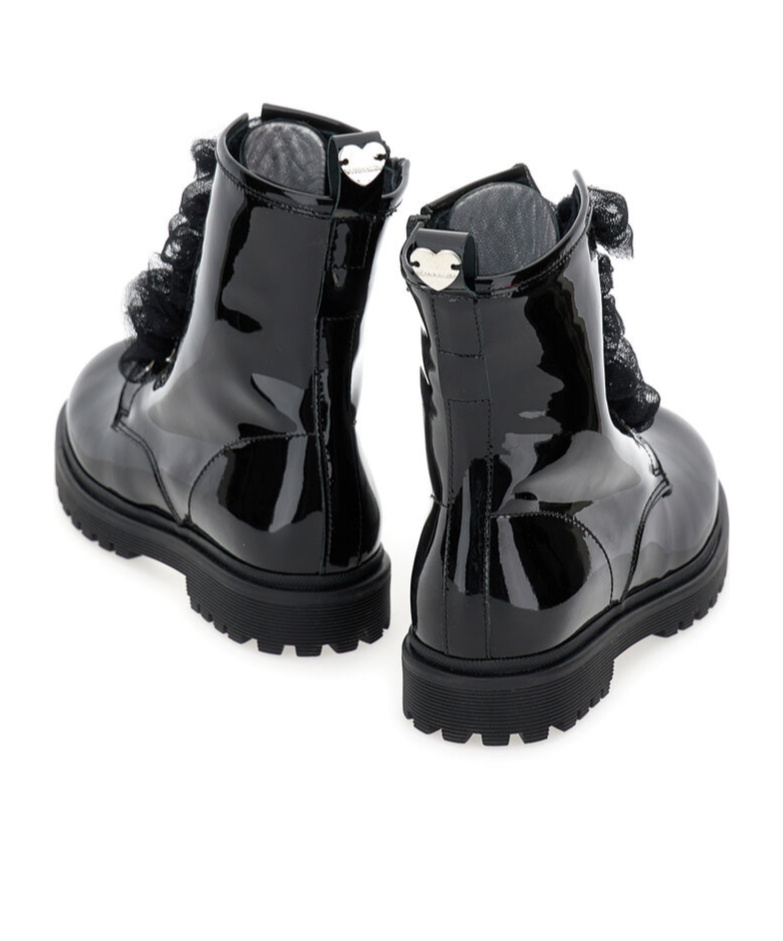 Monnalisa Ruffled Patent-leather Combat Boots In Black