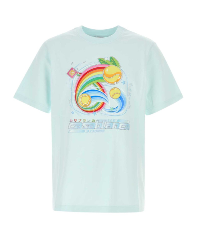 Casablanca Short-sleeved T-shirt In Light Blue Cotton With Graphic Print In Blue